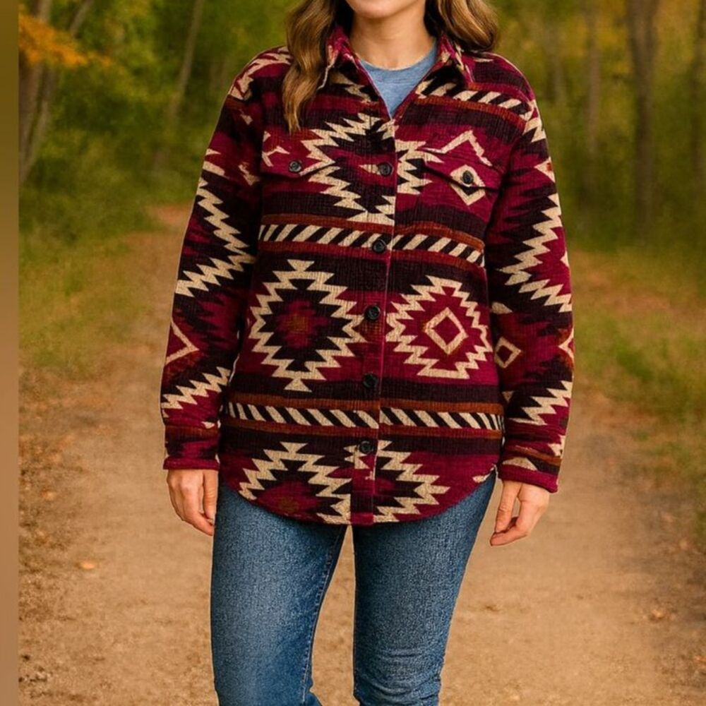 Zenana Aztec Southwestern Shacket Women M Burgundy Western Boho Button Up